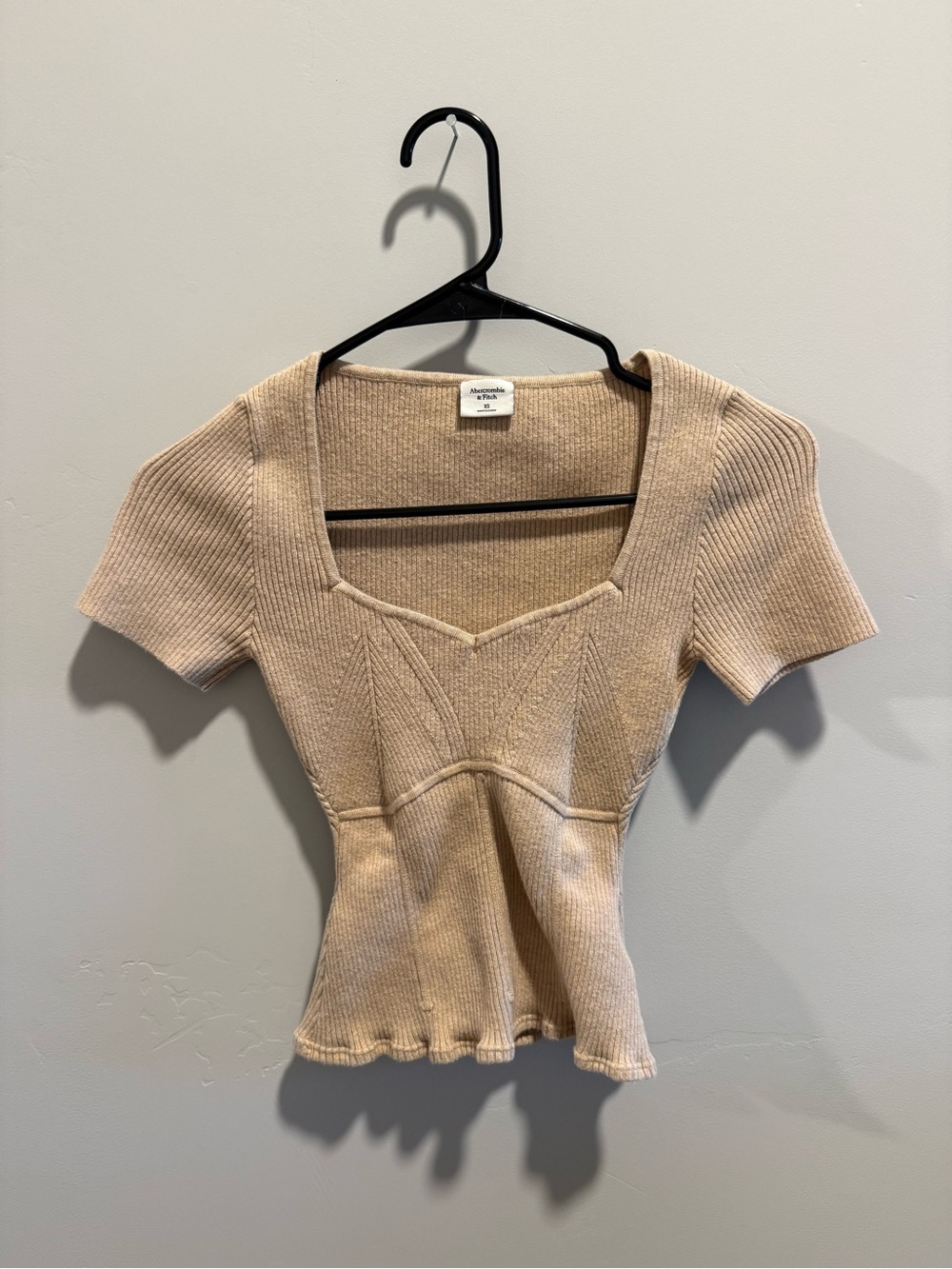 Abercrombie & Fitch Beige Ribbed Square-Neck Short Sleeve Top